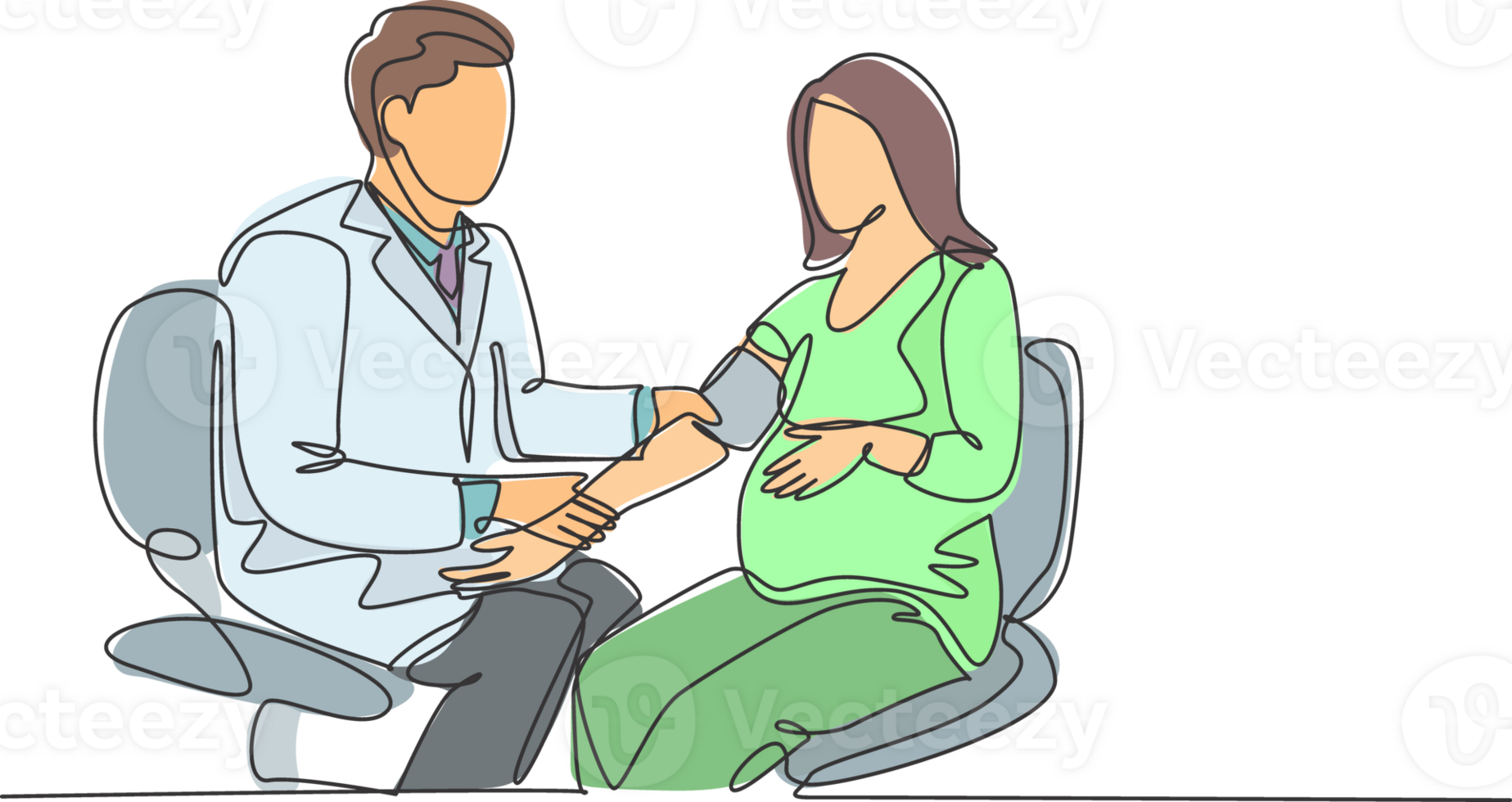 One single line drawing of male obstetrics and gynecology doctor checking the patient blood pressure and fetal condition. Pregnancy health care concept continuous line draw design illustration png
