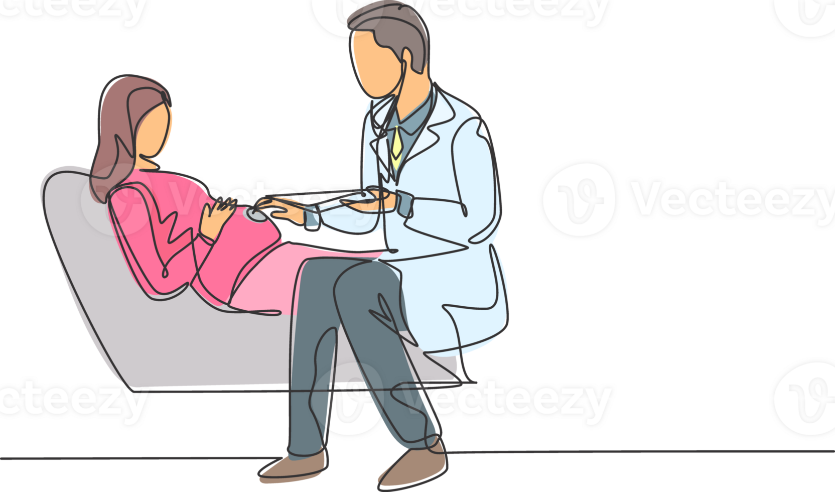 One continuous line drawing of male obstetrics and gynecology doctor checking young pregnant mom who laying in sofa. Pregnancy health care treatment concept single line draw design illustration png