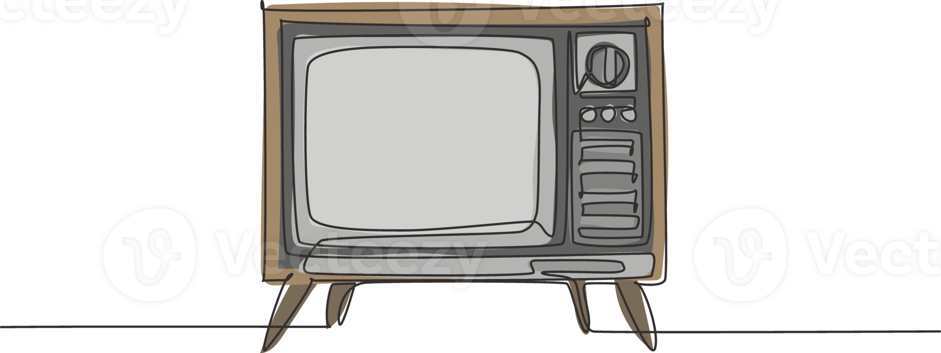Single continuous line drawing of retro old fashioned tv with wooden case and leg. Antique vintage analog television concept one line draw graphic design illustration png