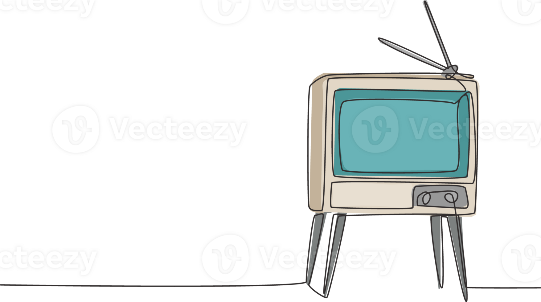 One continuous line drawing of retro old fashioned tv with wooden table and table legs. Classic vintage analog television concept single line draw design graphic illustration png