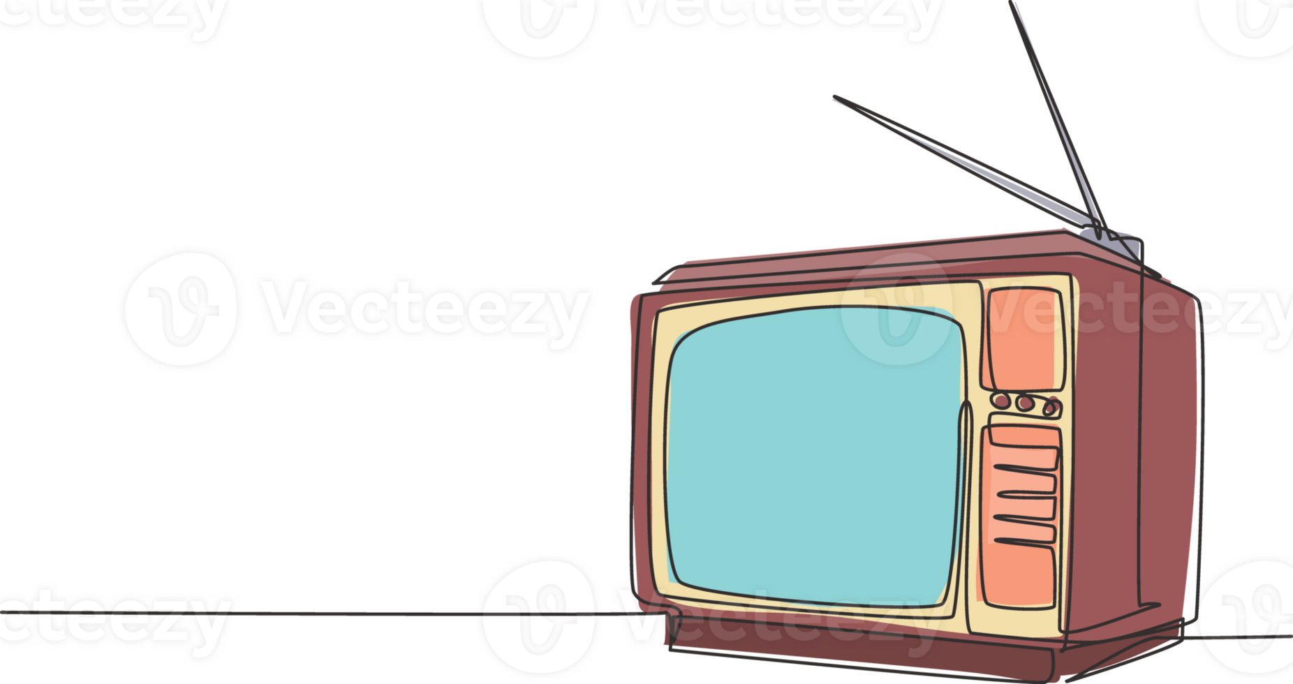 One continuous line drawing of retro old fashioned tv with wooden case and internal antenna. Classic vintage analog television concept single line draw design graphic illustration png