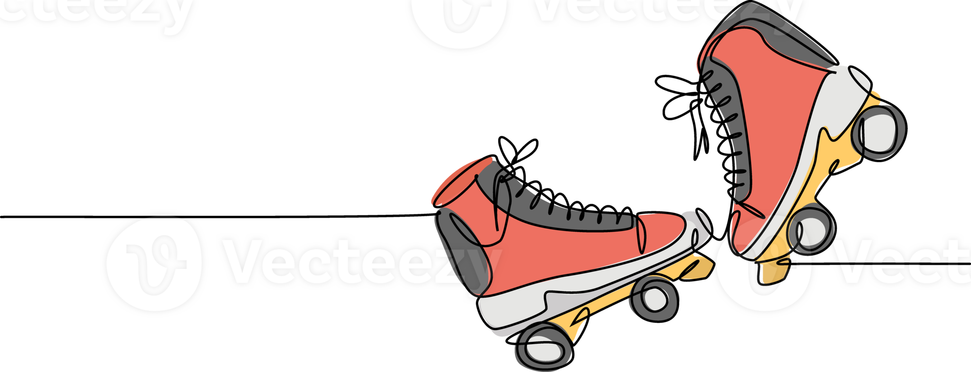 One single line drawing of pair of old retro plastic quad roller skate shoes. Vintage classic extreme sport concept continuous line draw design graphic illustration png