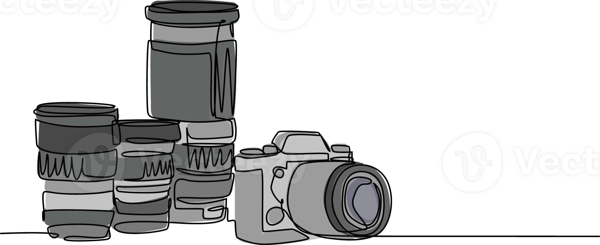 One single line drawing of old retro analog slr camera with set of telephoto and wide lenses. Vintage classic photography equipment concept continuous line draw design graphic illustration png