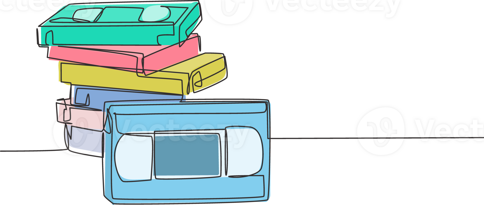 One single line drawing stack of retro old classic vhs analog video cassette. Vintage film storage tape item concept continuous line graphic draw design illustration png