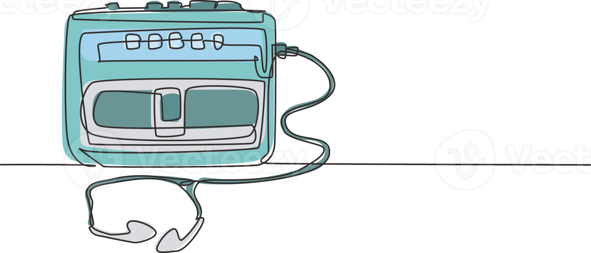 One single line drawing of retro old classic portable radio tape with earphone. Vintage mobile cassette player item concept continuous line draw design graphic illustration png
