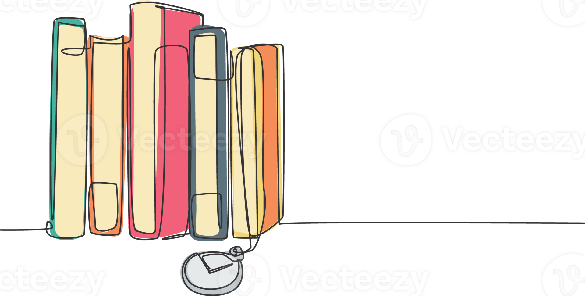 One single line drawing stack of retro old classic books line with pocket analog watch hanging. Vintage library item concept continuous line draw design illustration graphic png