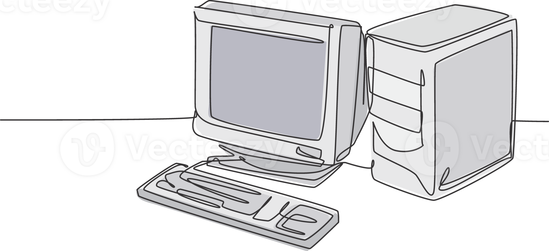 Single continuous line drawing of of retro old classic personal computer processor unit. Vintage cpu with analog monitor and keyboard item concept one line draw design illustration graphic png