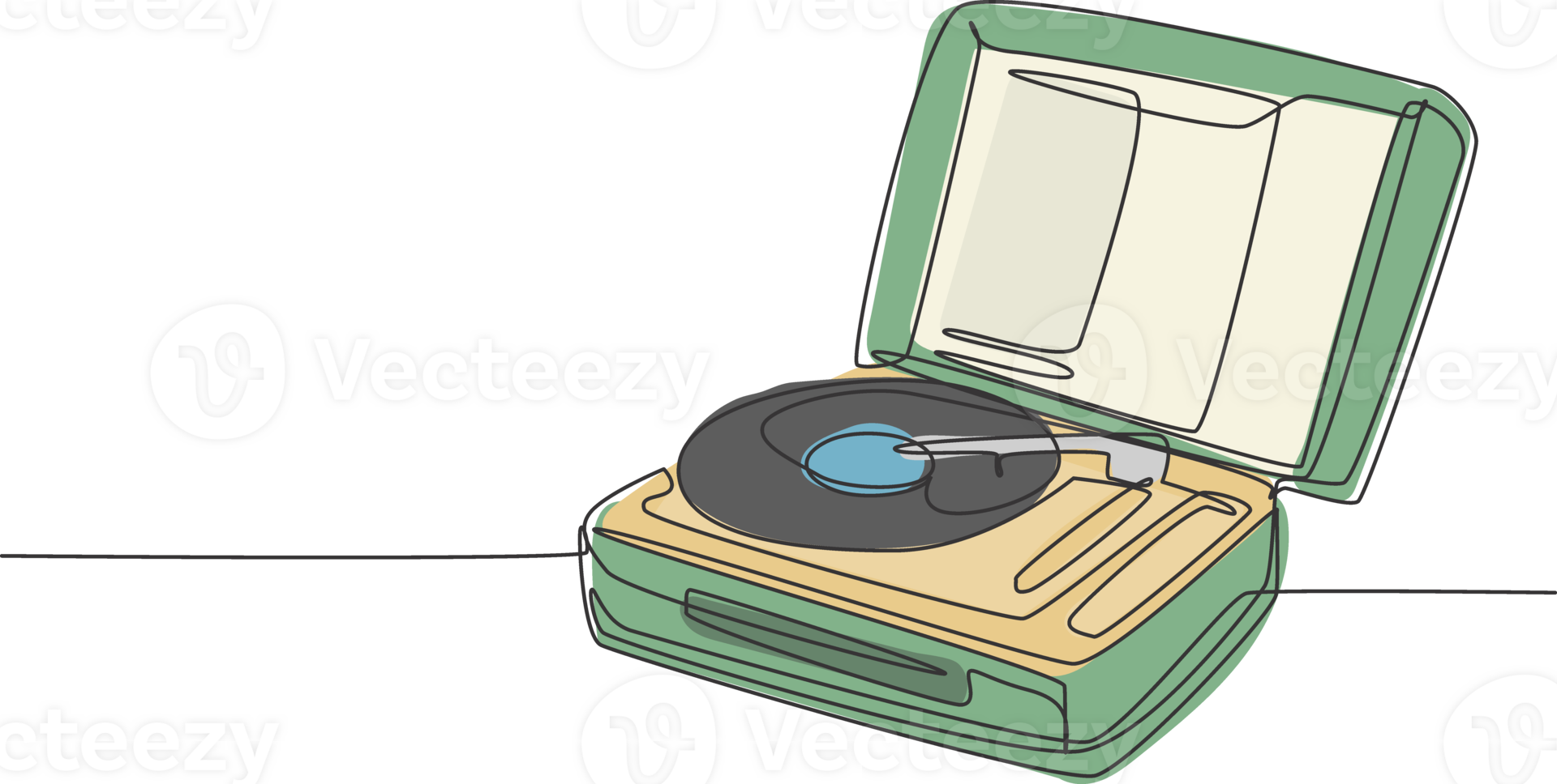 One single line drawing of retro old classic portable music turntable vinyl disc jockey. Vintage analog audio player item concept continuous line graphic draw design illustration png