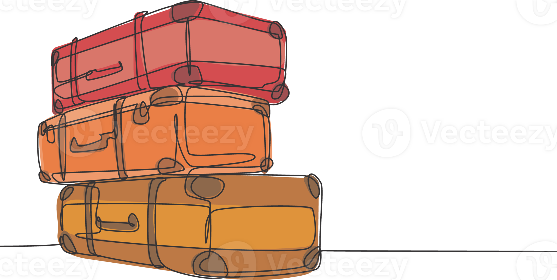 One continuous line drawing of old retro vintage leather suitcases stack. Classic travelling item concept single line draw graphic design illustration png
