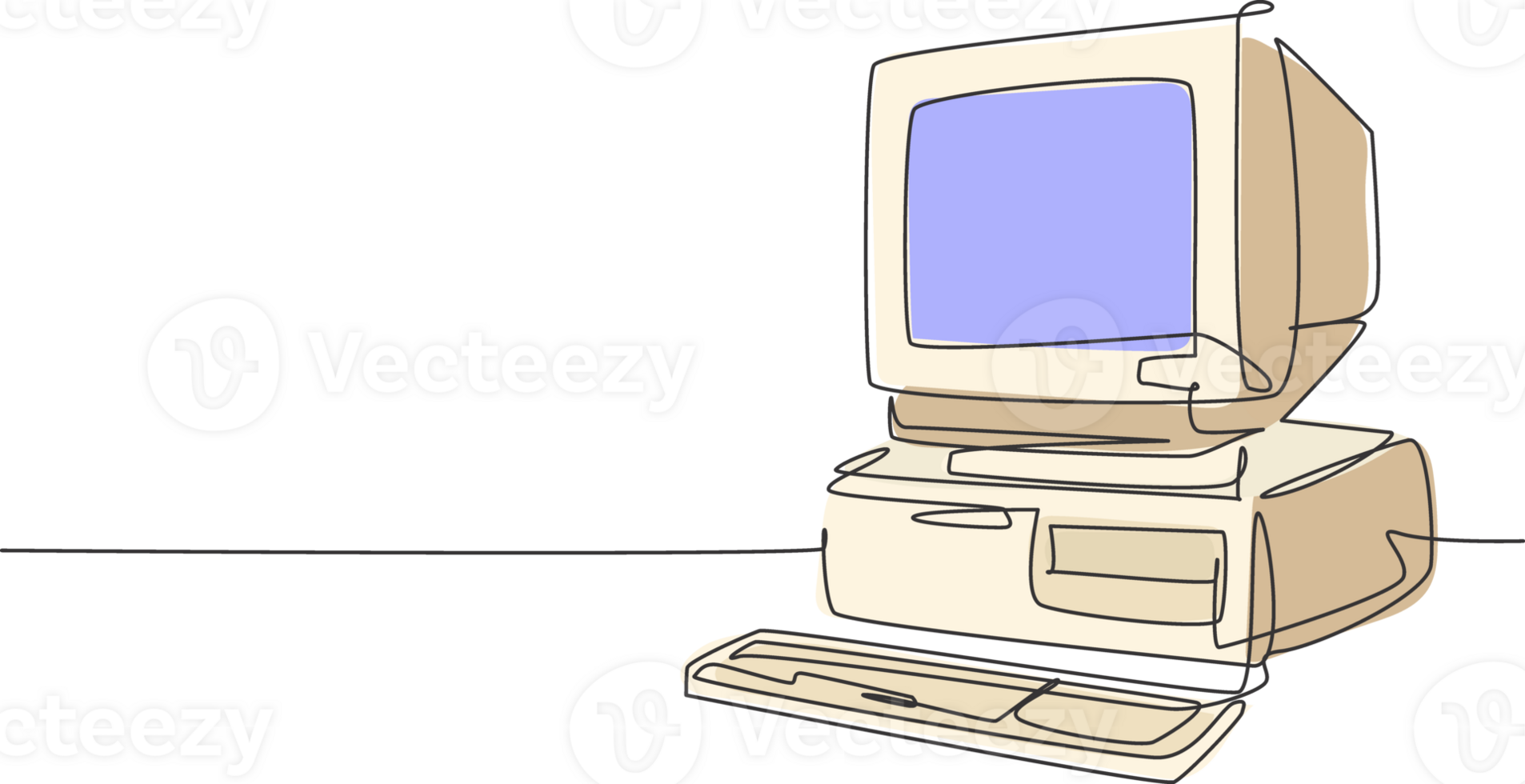 Single continuous line drawing of retro old classic personal computer processor unit. Vintage cpu with analog monitor and keyboard item concept one line draw design graphic illustration png