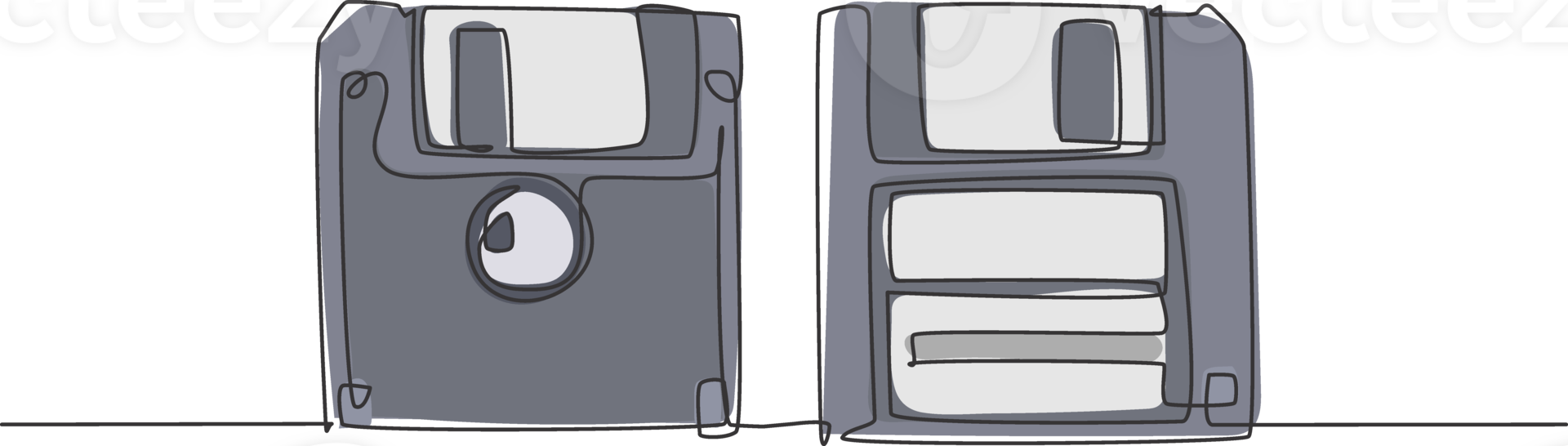 One single line drawing of retro old classic 3.5 inch floppy disk front and back side. Vintage file storage diskette item concept continuous line graphic draw design illustration png