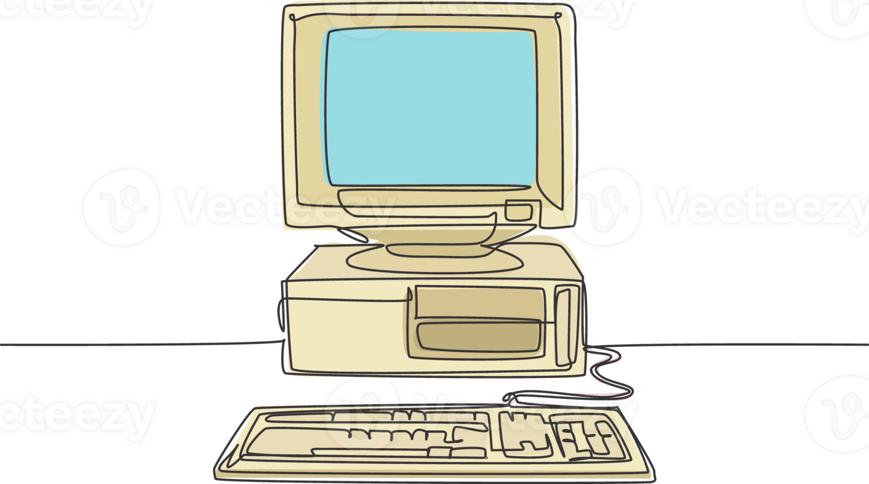 Single continuous line drawing of retro old classic personal computer ...