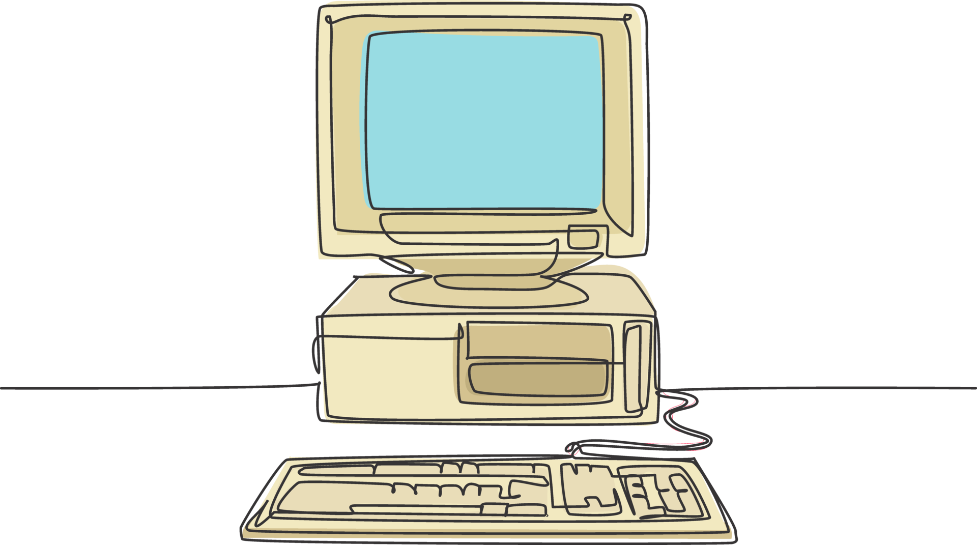 Single continuous line drawing of retro old classic personal computer processor unit. Vintage