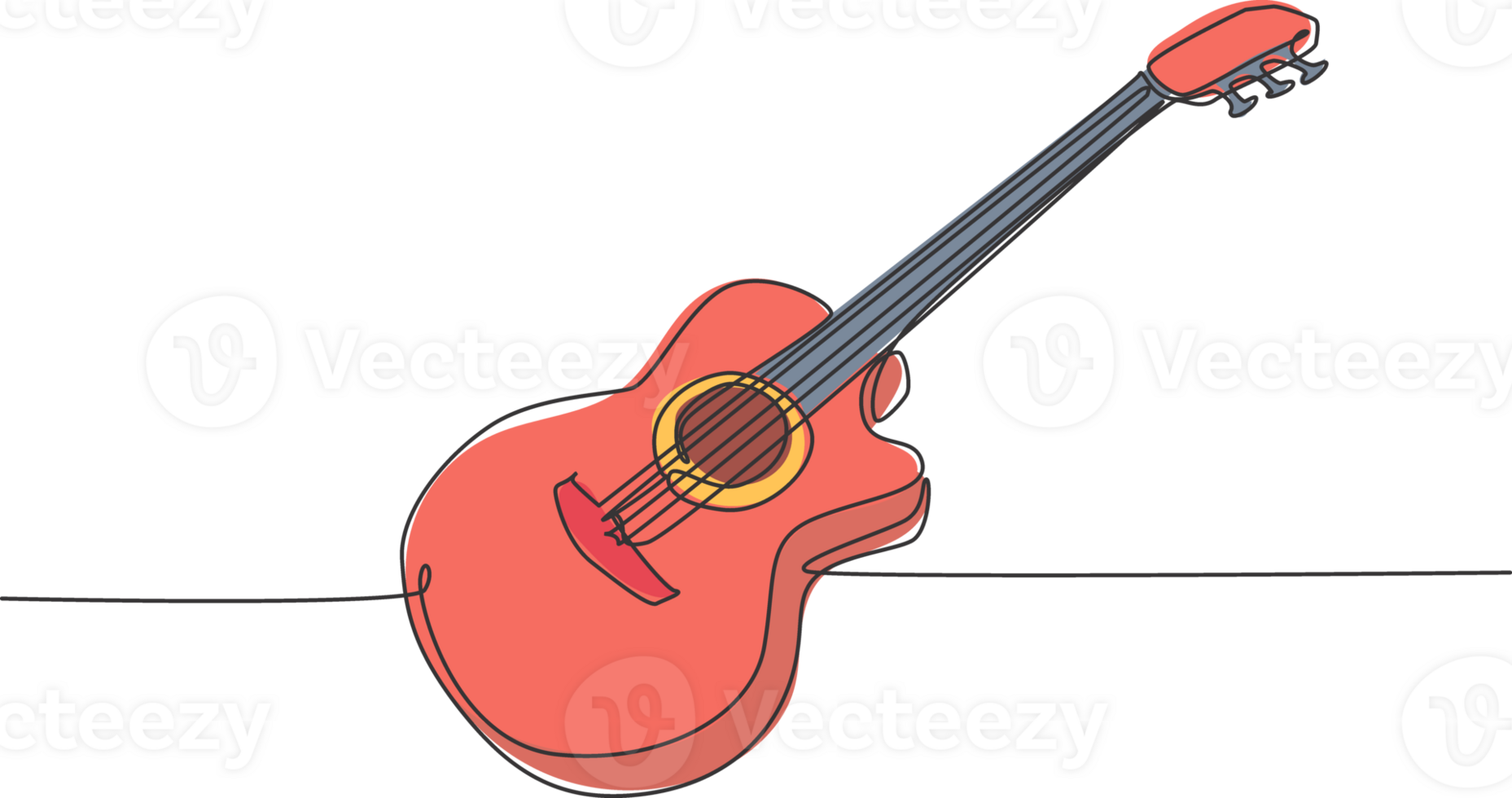 One single line drawing of wooden classic acoustic guitar. Modern stringed music instruments concept continuous line draw design illustration graphic png