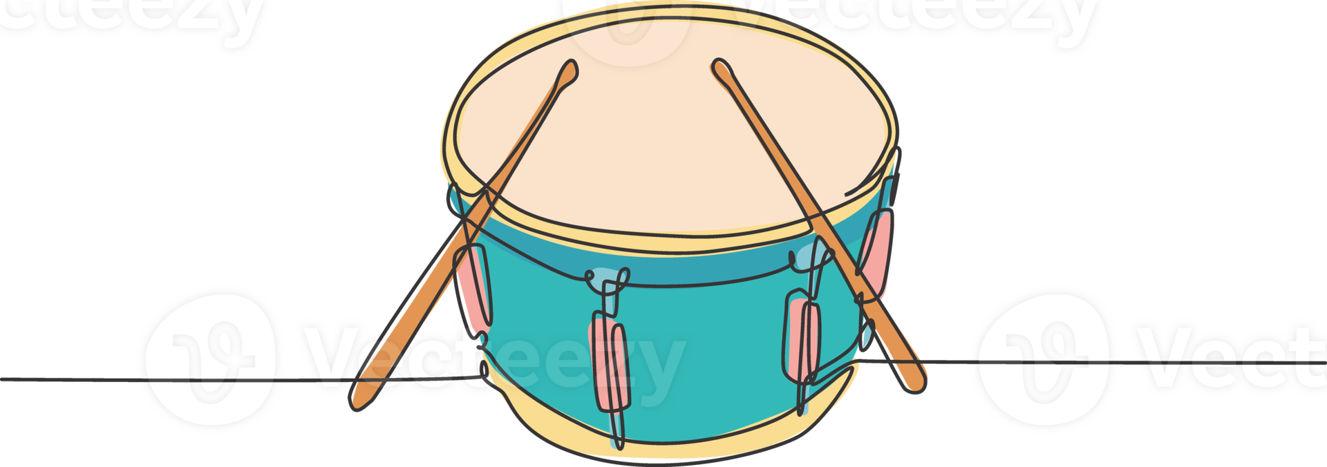 One single line drawing of little drum with drum sticks. Percussion music instruments concept. Dynamic continuous line draw design graphic illustration png