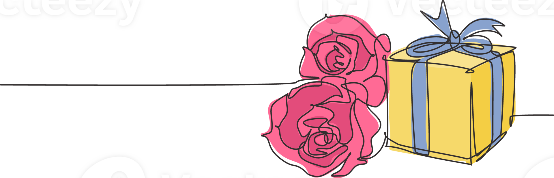 One continuous line drawing of beautiful rose flower and gift box with ribbon wrap. Modern greeting card, invitation, logo, banner, poster concept single line draw design graphic illustration png