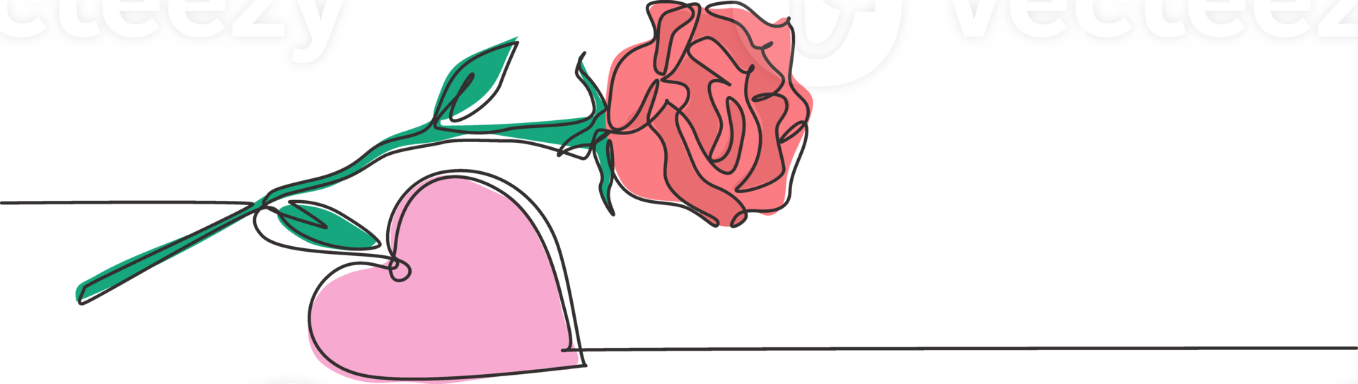 One continuous line drawing of fresh romantic beautiful rose flower and heart shape greeting card. Trendy invitation, logo, banner, poster concept single line draw design graphic illustration png
