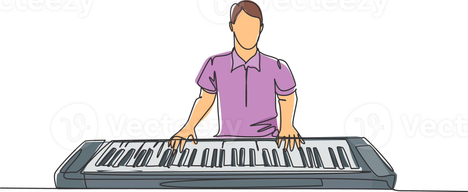 One single line drawing of young happy male pianist playing electric synthesizer, a modern keyboard piano. Musician artist performance concept continuous line draw design graphic illustration png