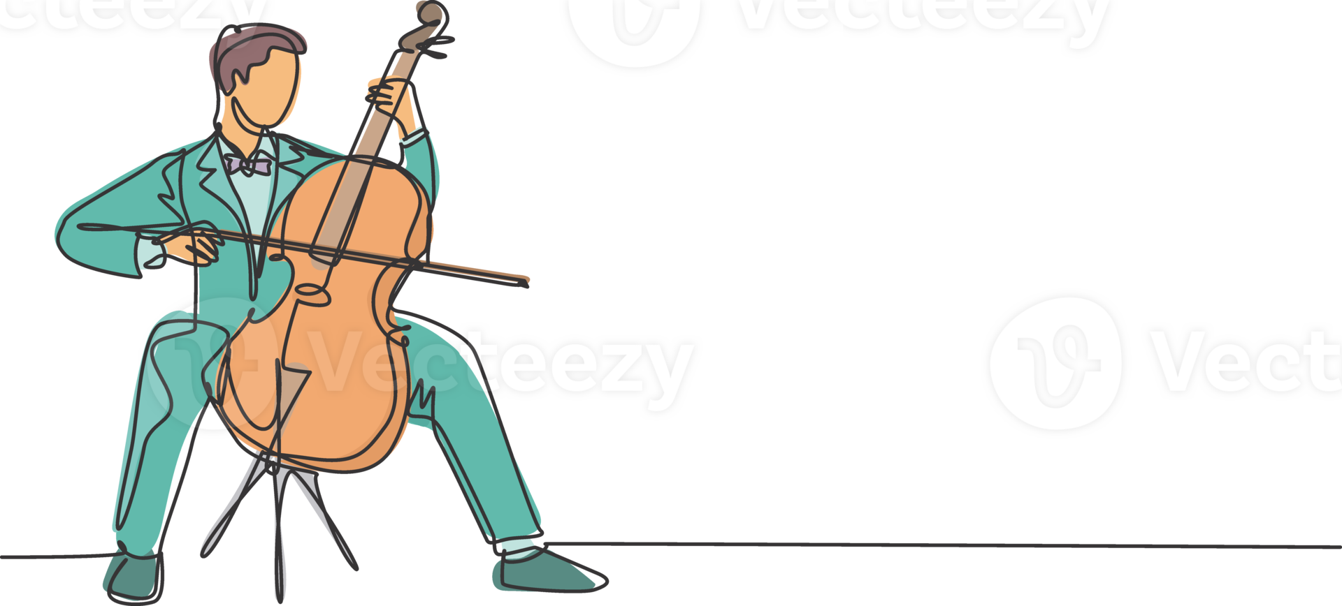 One single line drawing of young happy male cellist performing to play cello on classical orchestra concert. Musician artist performance concept continuous line graphic draw design illustration png