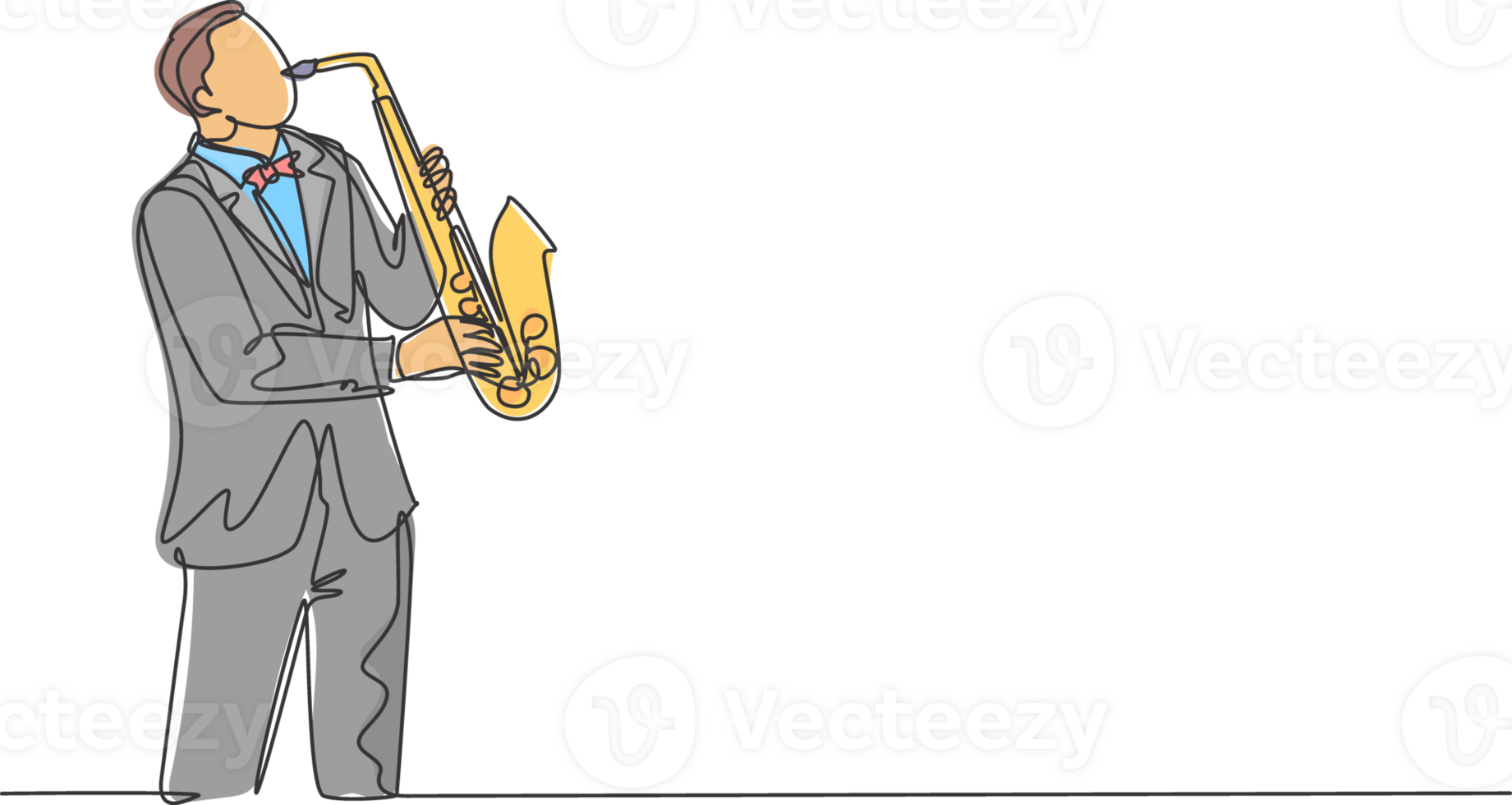 Single continuous line drawing of young happy male saxophonist with hat performing to play saxophone on music concert. Musician artist performance concept one line draw design illustration png