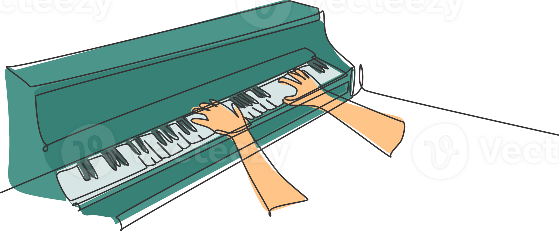 One continuous line drawing of young happy male pianist playing classic grand piano from side view. Musician artist performance concept single line draw design graphic illustration png