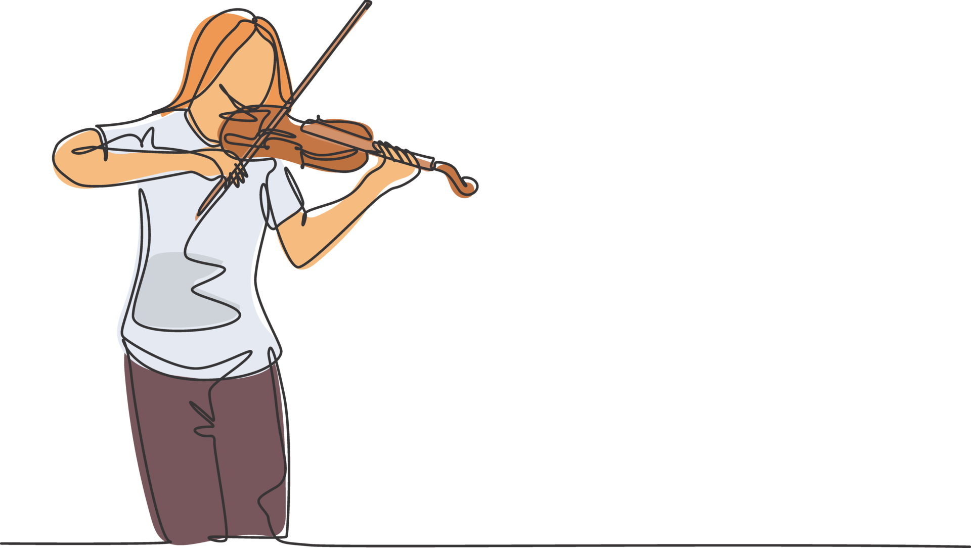 One continuous line drawing of young happy female violinist performing
