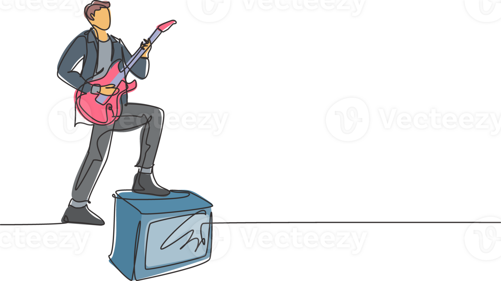 singolo continuo linea disegno di giovane contento maschio chitarrista giocando elettrico chitarra mentre passo su suono amplificatore. di moda musicista artista prestazione concetto uno linea disegnare design illustrazione png