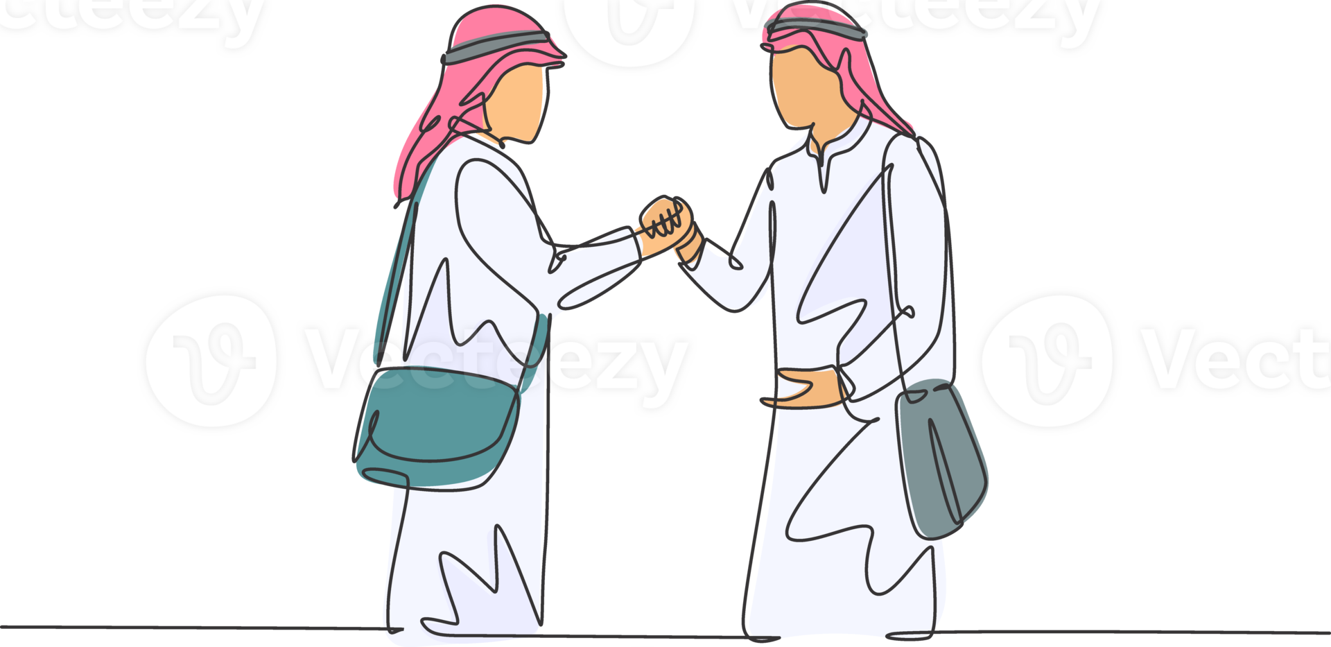 Single continuous line drawing of young muslim hook their hands together to celebrate success. Arab middleeast businessmen with kandura, thawb, robe cloth. One line draw design illustration png