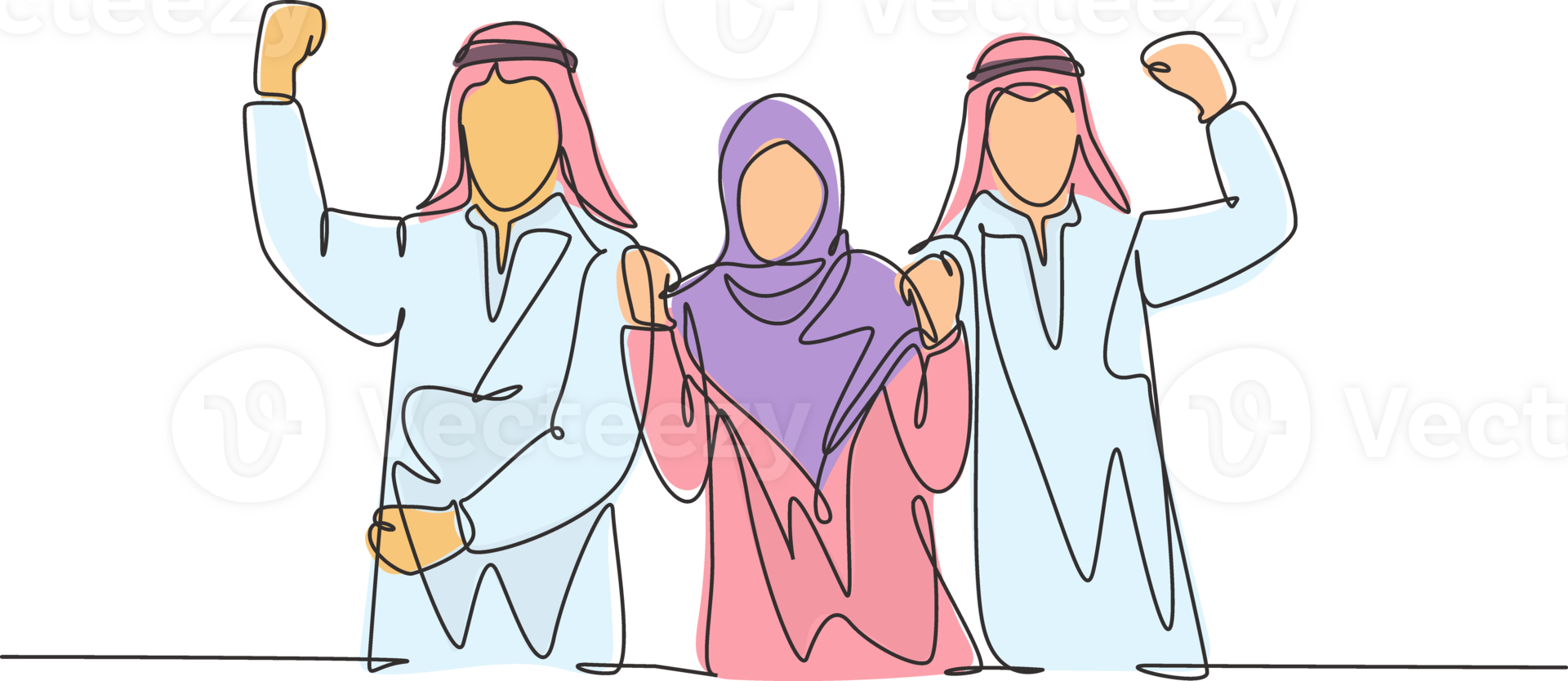 One single line drawing of young happy muslim marketing staff show teamwork. Saudi Arabian businessmen with shmag, kandora, headscarf, thobe, ghutra. Continuous line draw design illustration png