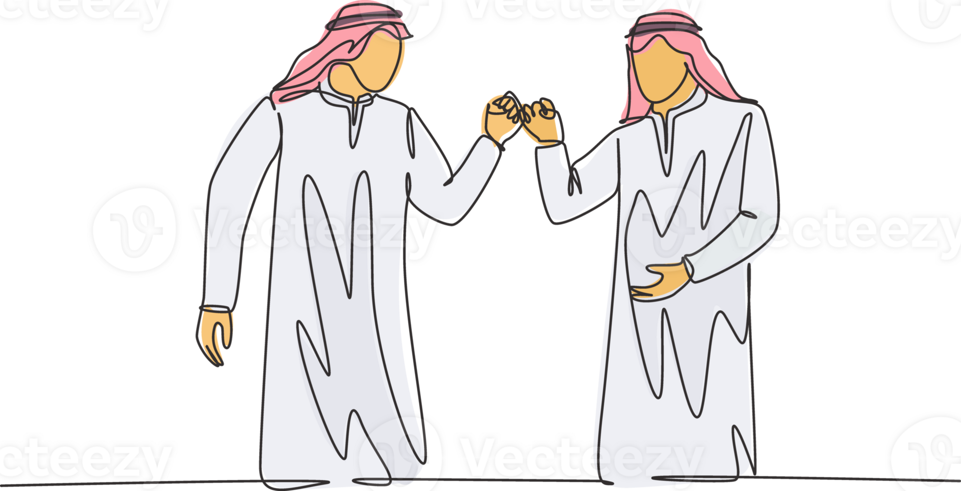 One single line drawing of young happy muslim workers fist bump their hands together. Saudi Arabian businessmen with shmag, kandora, headscarf, thobe. Continuous line draw design illustration png