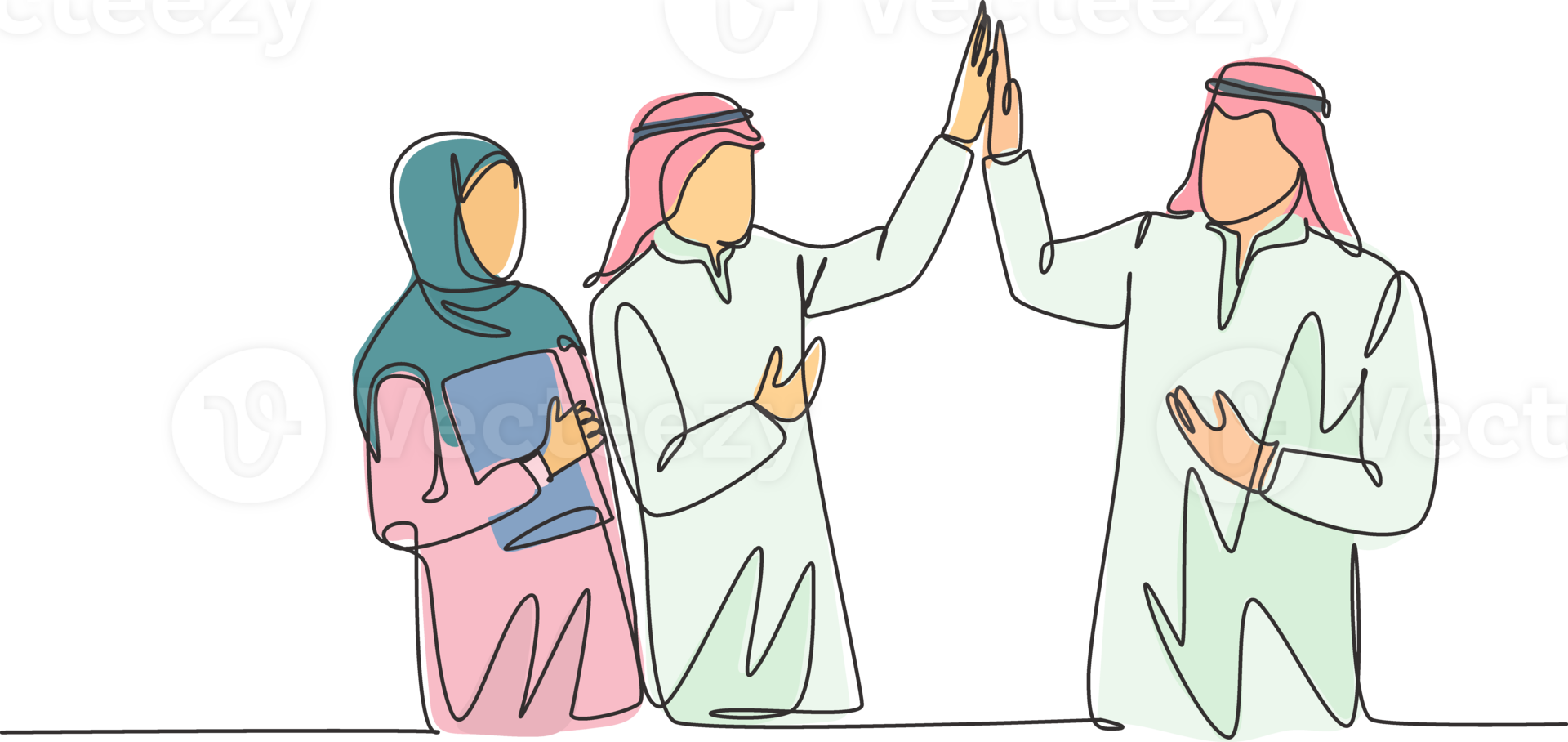 One single line drawing of young muslim employees giving high five gesture to friends. Saudi Arabian businessmen with shmag, kandora, headscarf, thobe. Continuous line draw design illustration png