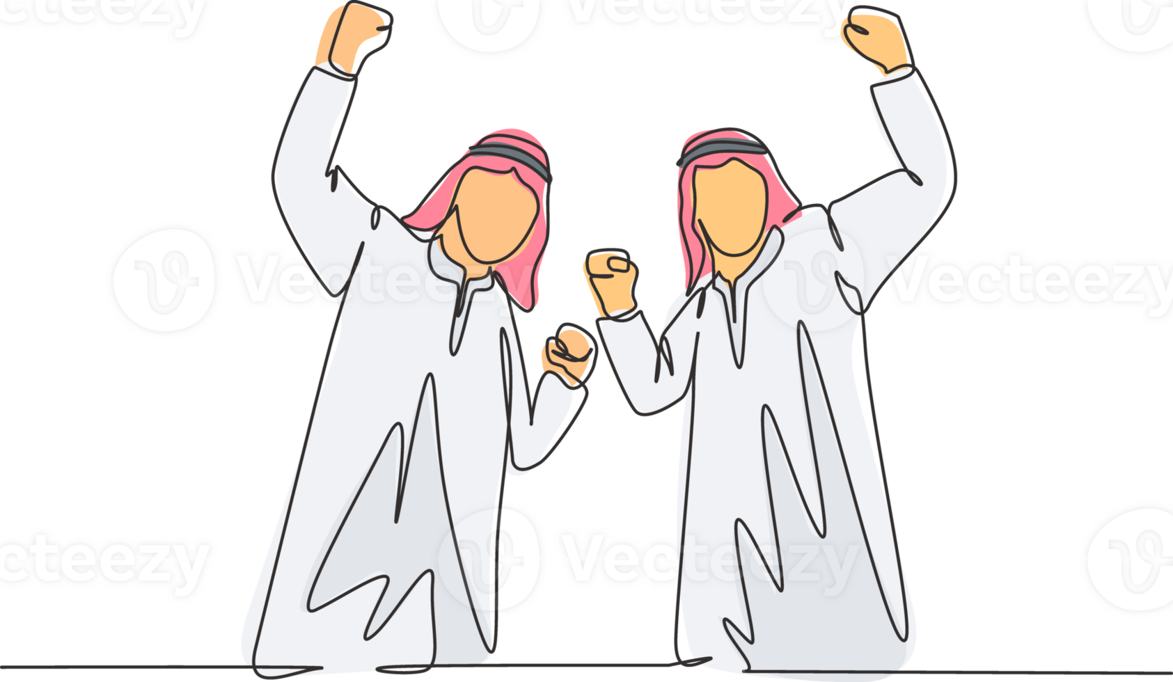 One single line drawing of young happy muslim employees celebrate their job promotion. Saudi Arabian with shmag, kandora, headscarf, thobe, ghutra. Continuous line draw design illustration png