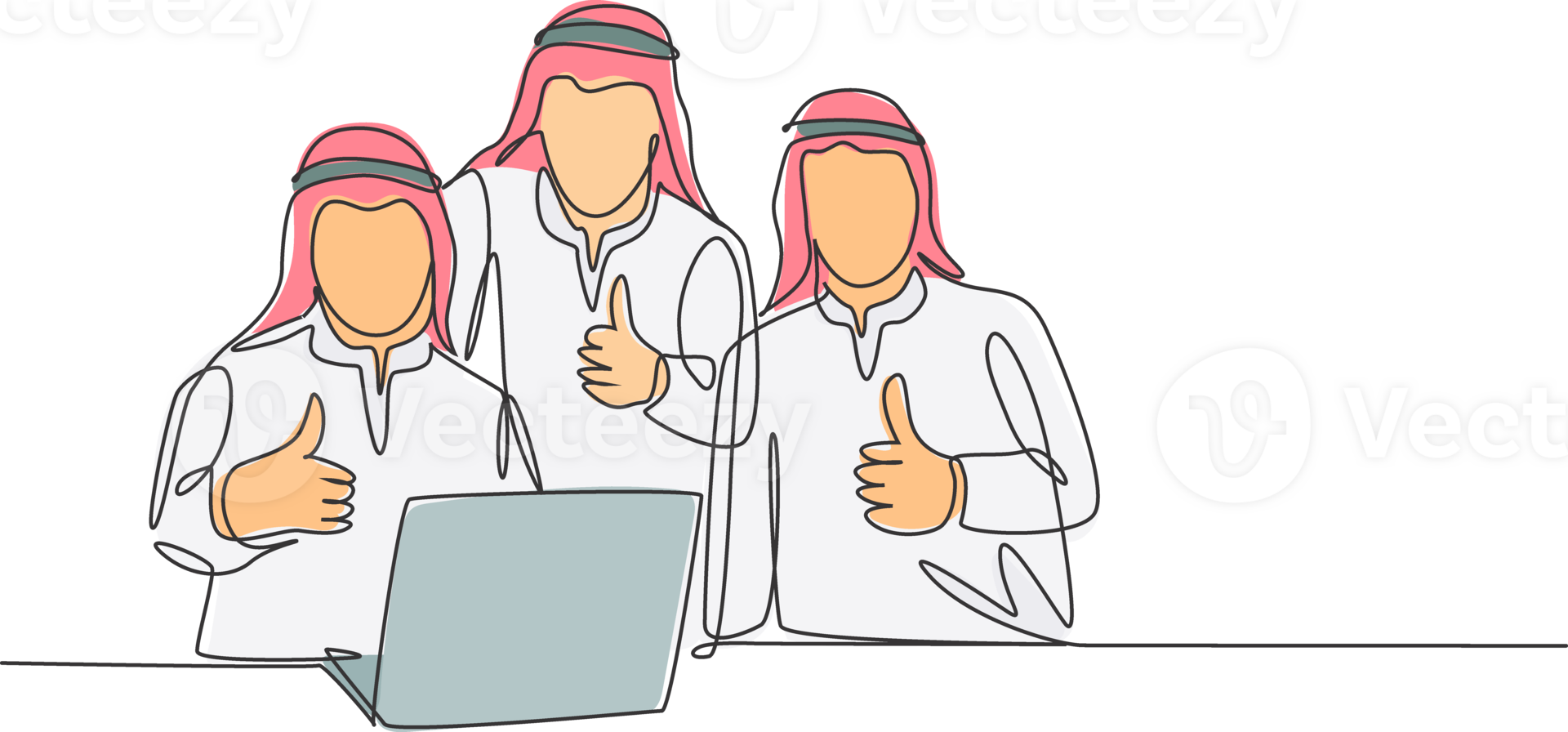Single continuous line drawing of young muslim team manager give thumbs up gesture while sitting in front of laptop. Arab middleeast cloth kandura, thawb, robe. One draw design illustration png