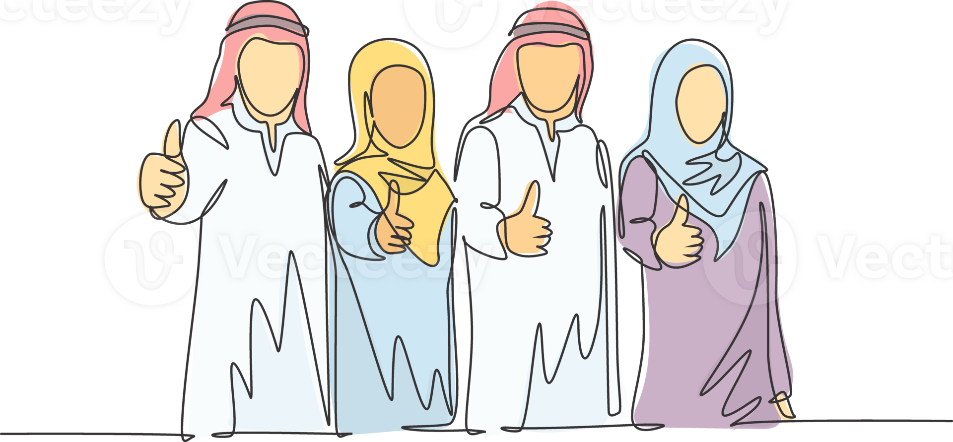 Single continuous line drawing of young muslim businessman and businesswoman giving thumbs up gestures. Arab middleeast cloth shmagh, kandura, thawb, robe. One line draw design illustration png