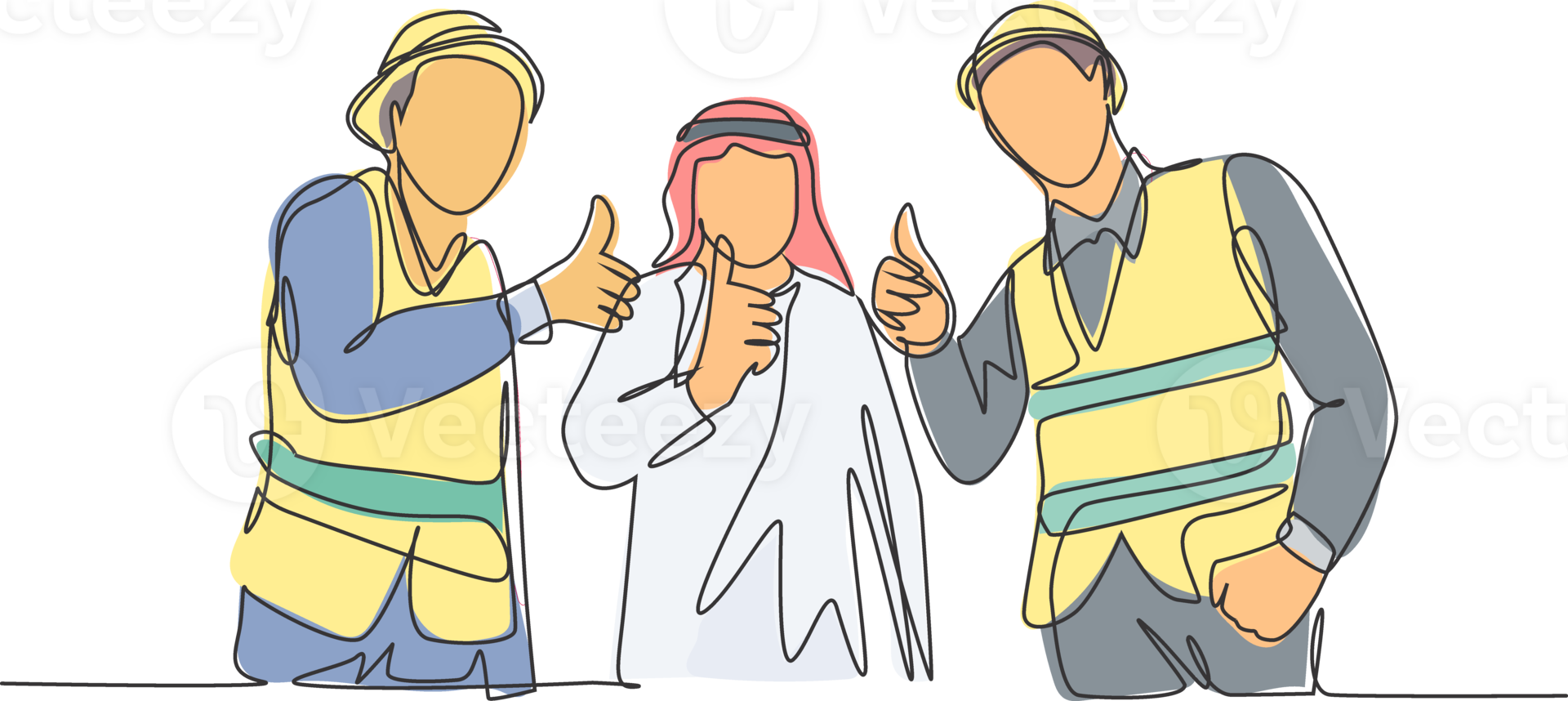 One continuous line drawing of young muslim businessman and building contractor giving thumbs up together. Islamic clothing shemag, kandura, scarf keffiyeh. Single line draw design illustration png