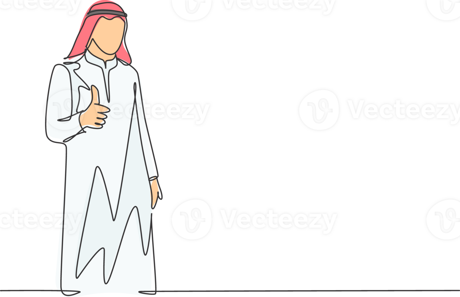 One continuous line drawing of young muslim company branch manager giving thumbs up gestures. Islamic clothing shemag, kandura, scarf, keffiyeh. Single line draw design graphic illustration png