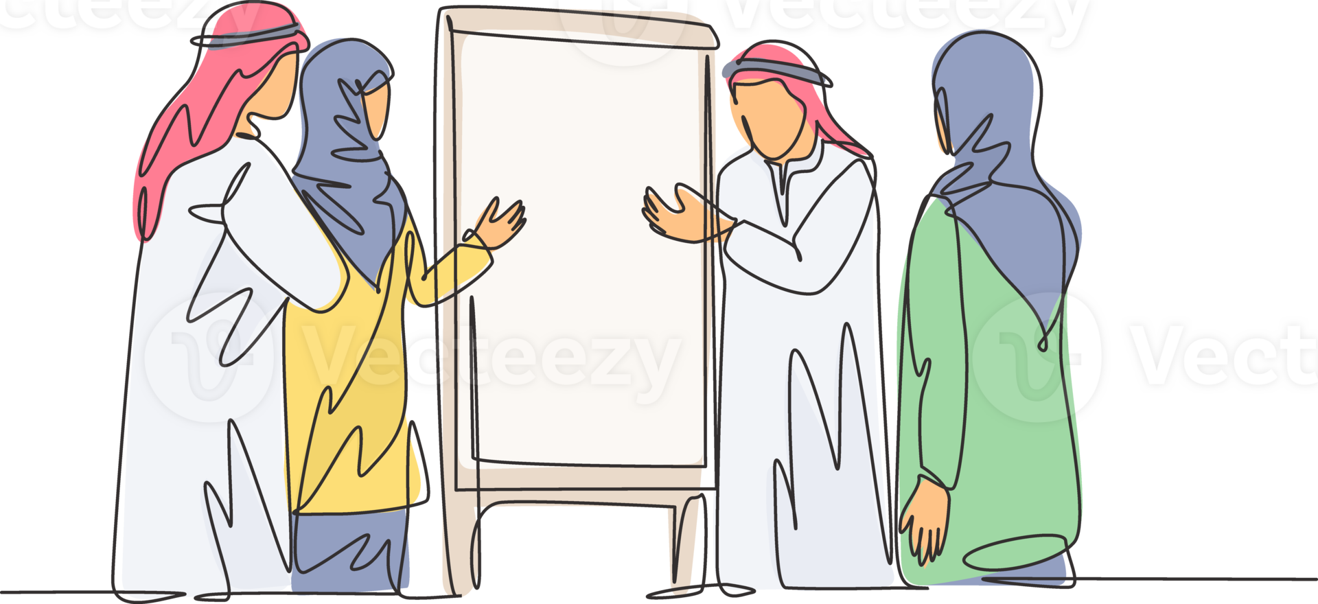 One continuous line drawing of young muslim manager give brief at company meeting discussing strategy. Islamic clothing shemag, kandura, scarf, keffiyeh. Single line draw design illustration png