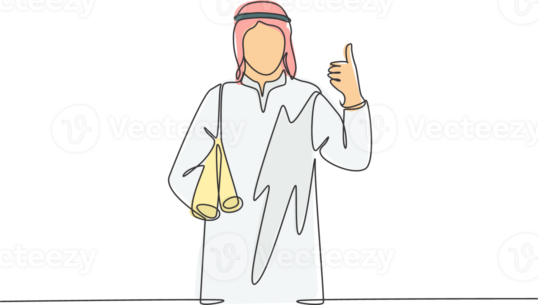 One single line drawing of young happy muslim architect bring building floor plan while thumb up. Saudi Arabia cloth shmag, kandora, headscarf, thobe. Continuous line draw design illustration png