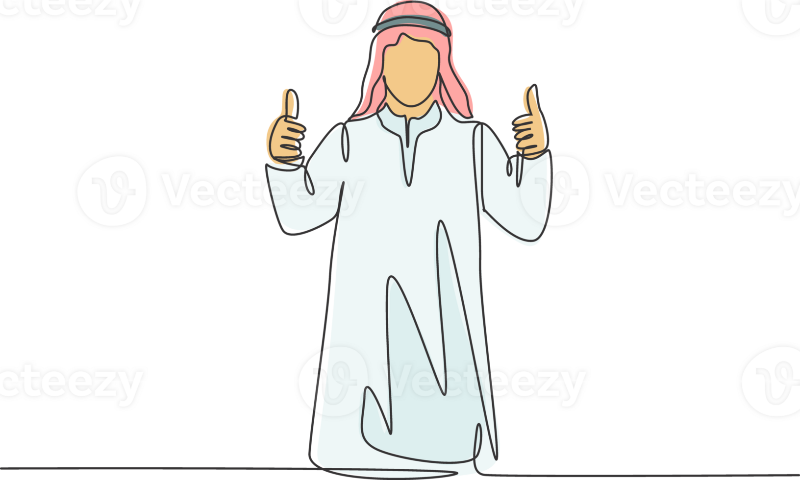 One single line drawing of young happy muslim startup team member giving thumb up gesture. Saudi Arabia cloth shmag, kandora, headscarf, thobe, ghutra. Continuous line draw design illustration png