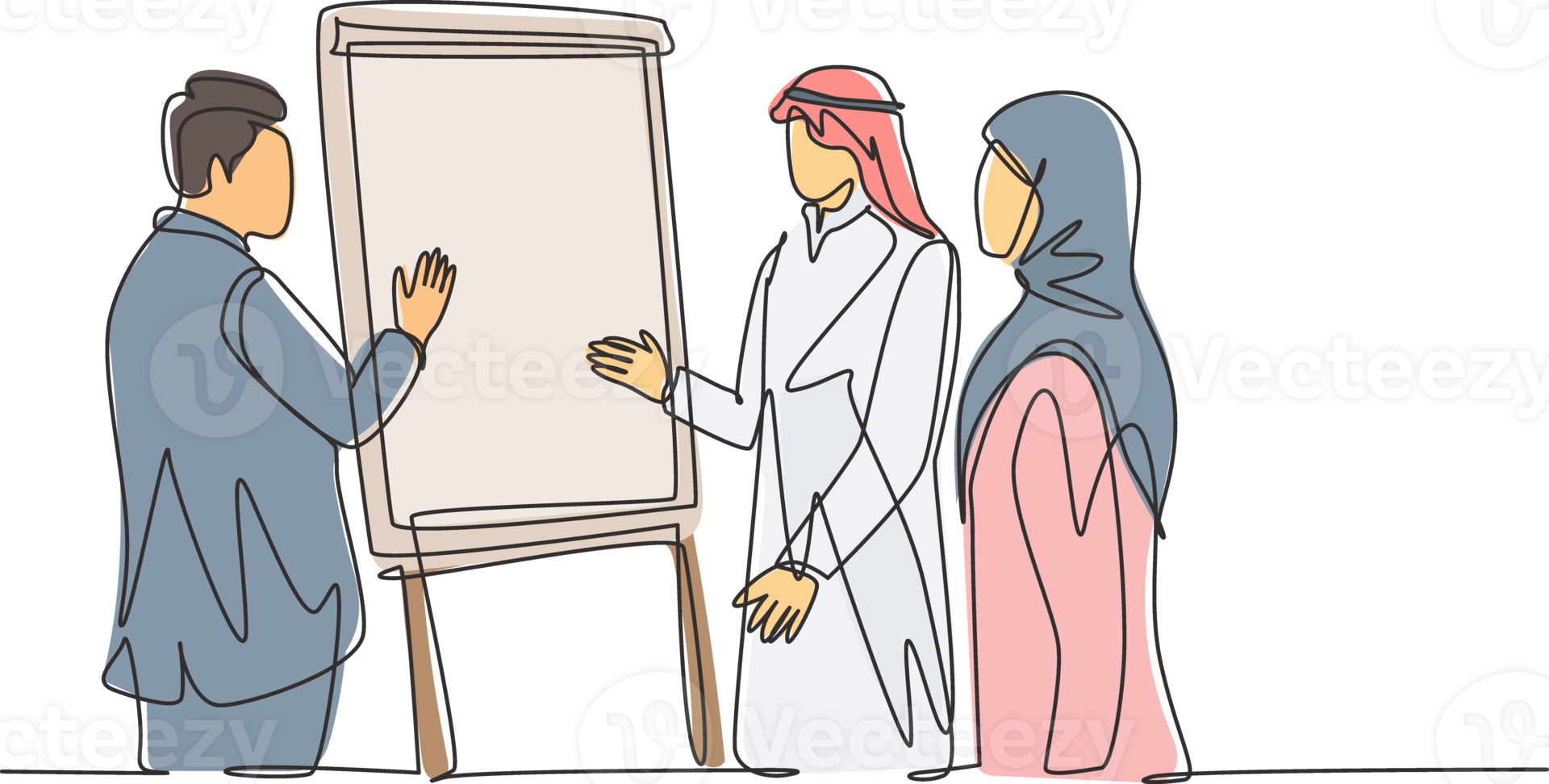 Single continuous line drawing of young muslim businessman presenting collaboration strategy with his colleague. Arab middleeast cloth kandura, thawb, robe. One line draw design illustration png