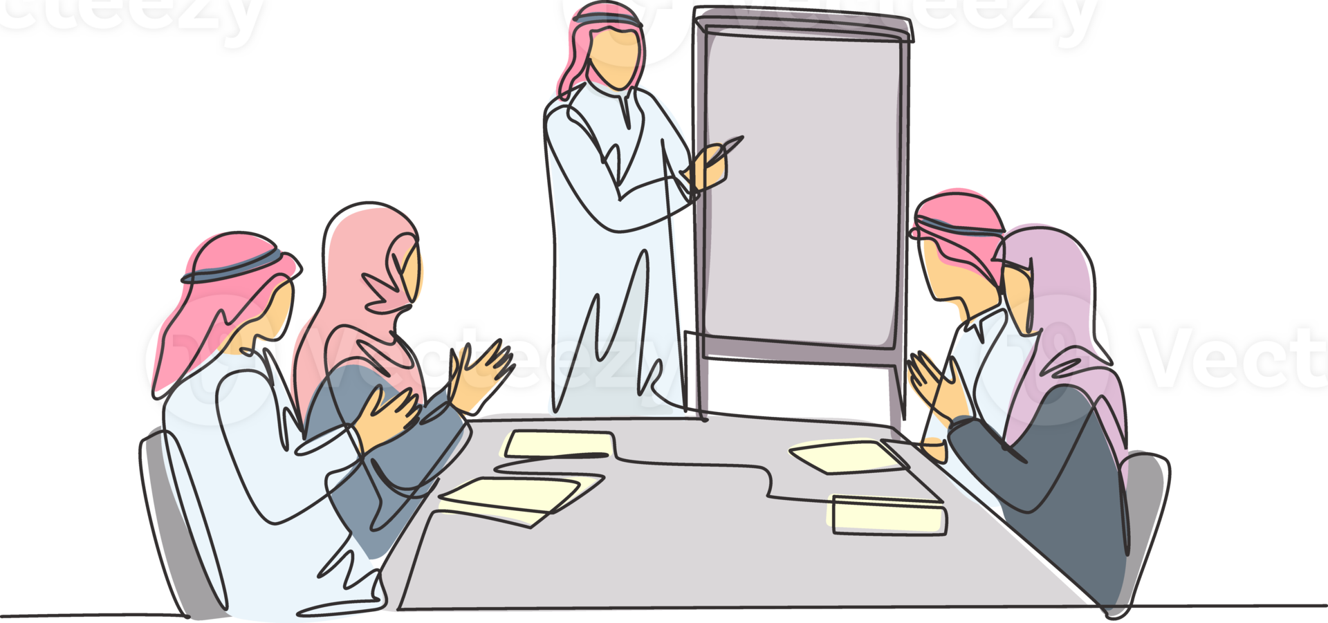 One single line drawing of young happy muslim manager do presentation at team meeting. Saudi Arabia cloth shmag, kandora, headscarf, thobe, ghutra. Continuous line draw design illustration png