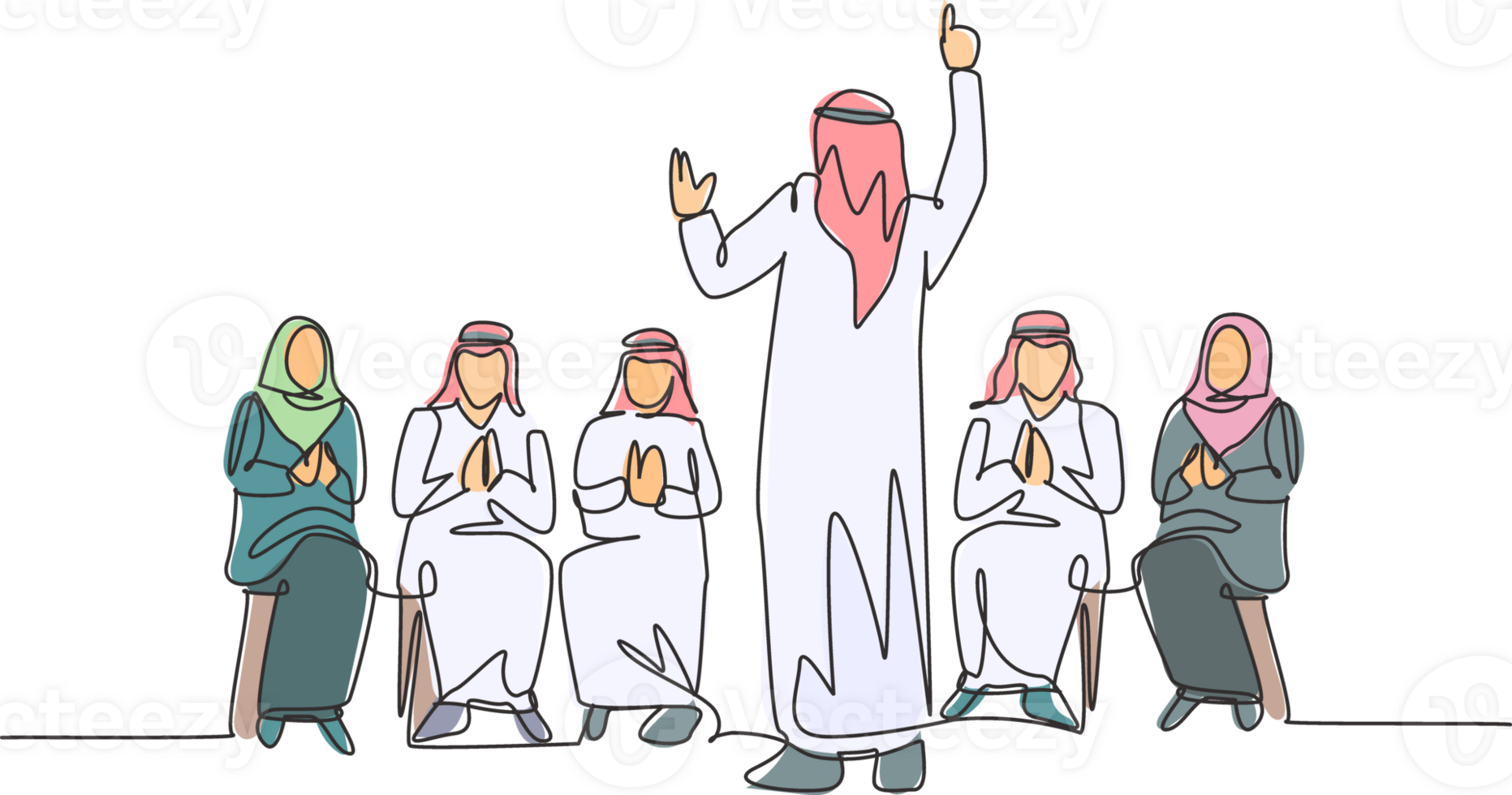 One single line drawing of young happy muslim business coach teaching how to do good presentation. Saudi Arabia cloth shmag, kandora, headscarf, thobe. Continuous line draw design illustration png