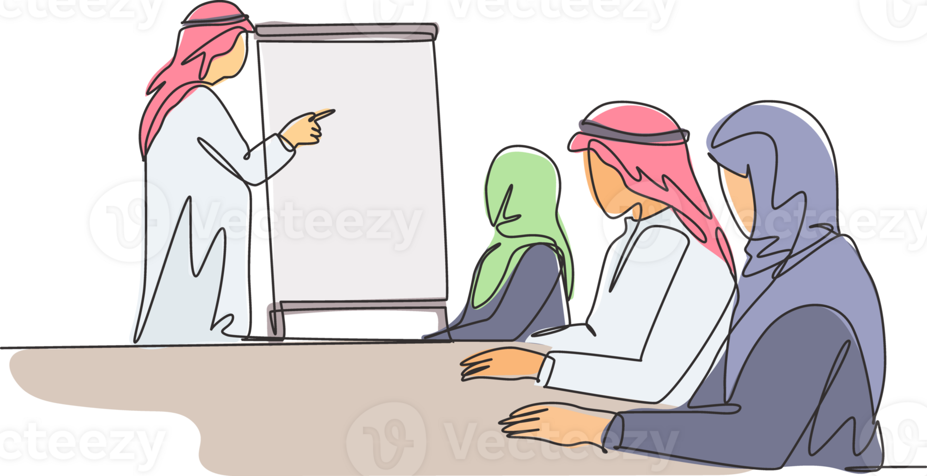 One single line drawing of young happy muslim startup founder explaining company golden rules. Saudi Arabia cloth kandora, headscarf, thobe, ghutra. Continuous line draw design illustration png