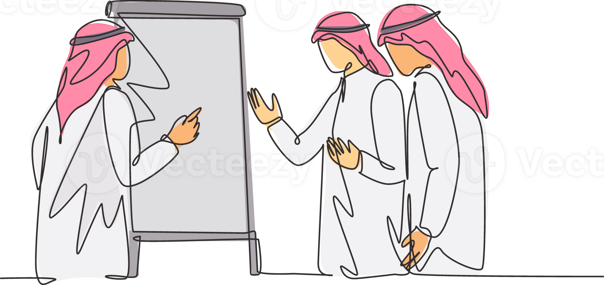 One continuous line drawing of young muslim businessman presenting new product launch plan to business partner. Islamic clothing kandura, scarf, keffiyeh. Single line draw design illustration png