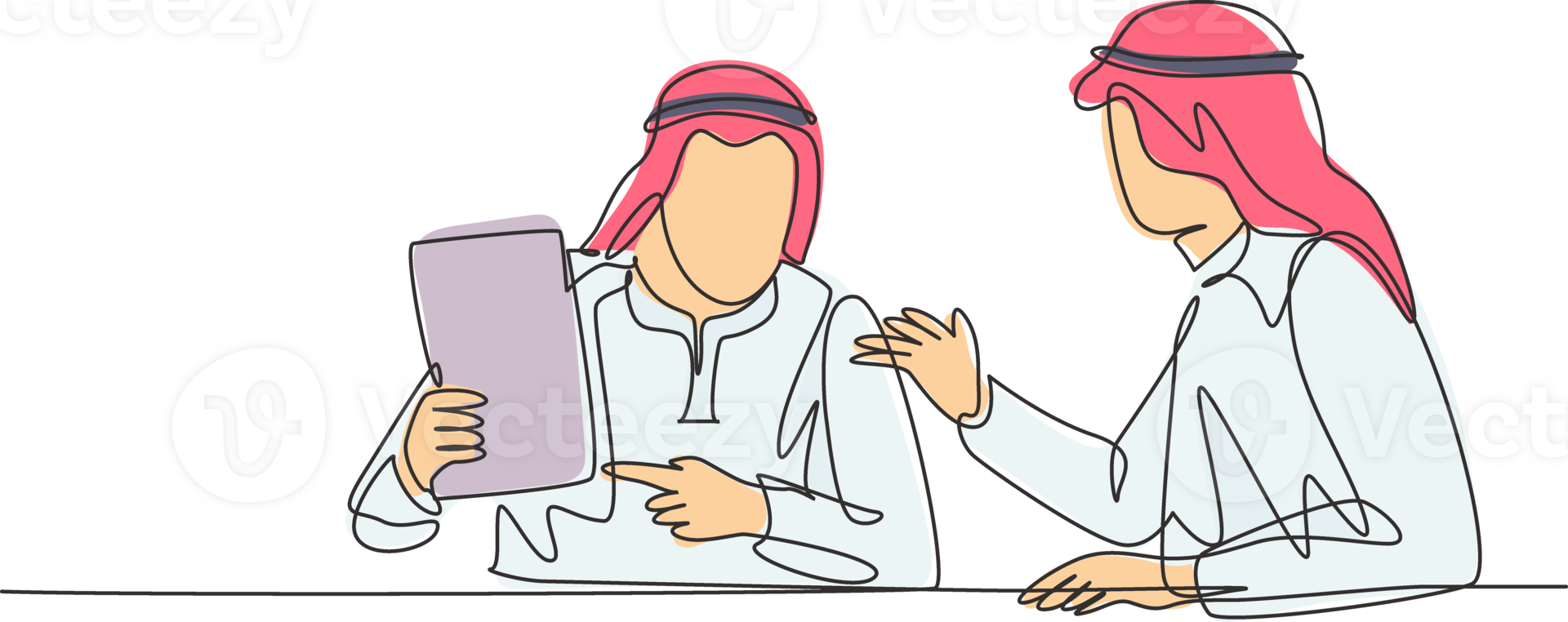 Single continuous line drawing of young muslim business manager discussing new company policy with partner. Arab middleeast cloth kandura, thawb, robe. One line draw design illustration png