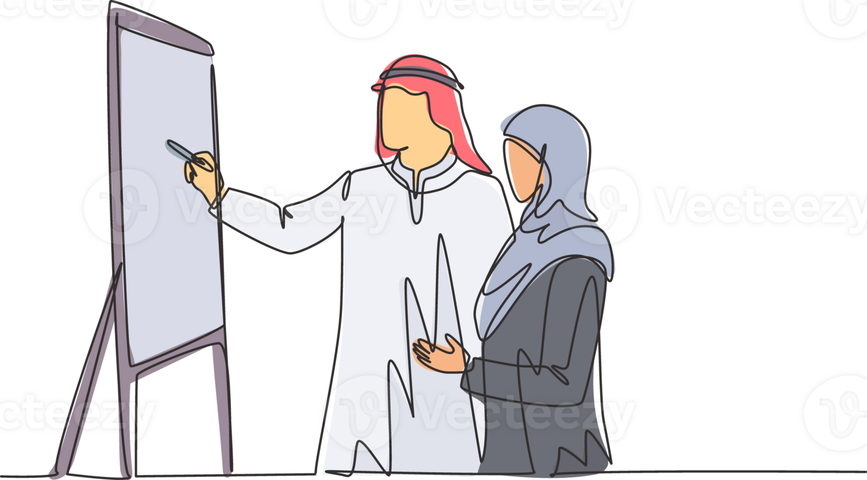 Single continuous line drawing of young muslim manager do presentation to explain job of new assistant. Arab middleeast cloth shmagh, kandura, thawb, robe. One line draw design illustration png