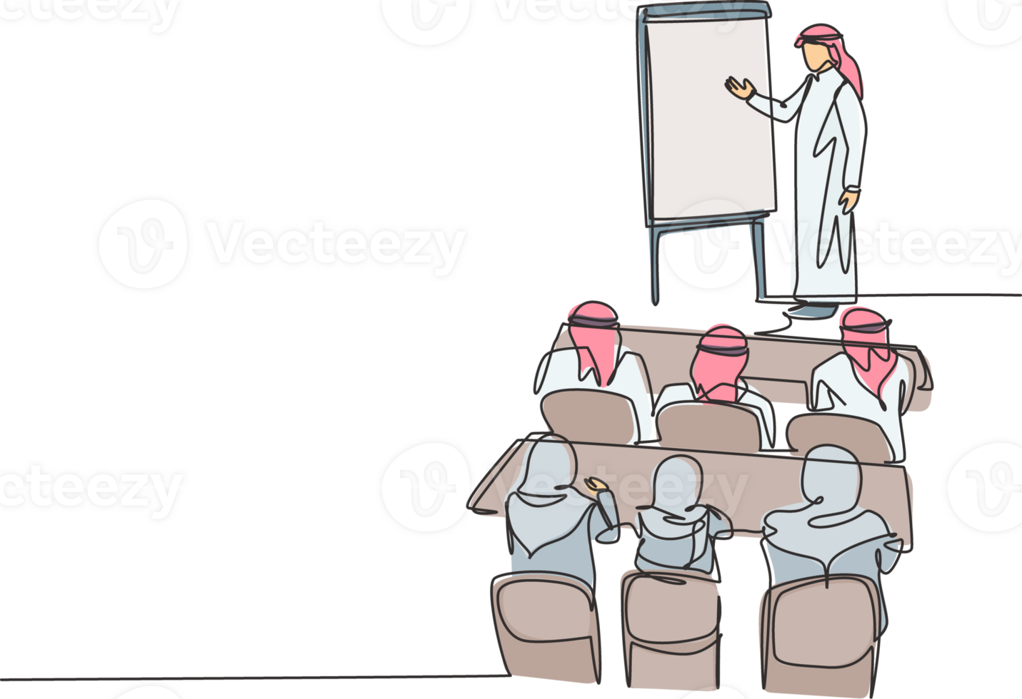 Single continuous line drawing of young muslim businessman do strategy presentation while company team meeting. Arab middleeast cloth shmagh, thawb, robe. One line draw design illustration png