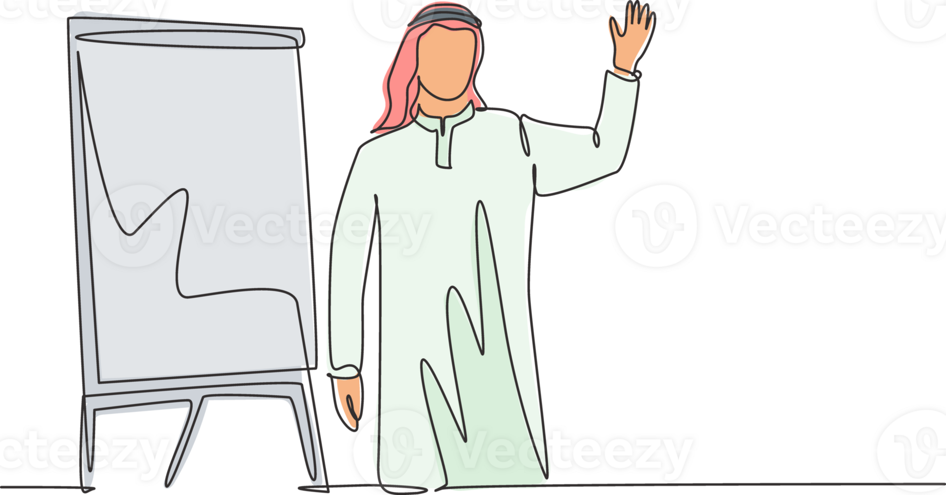 Single continuous line drawing of young muslim startup founder do presentation to company team members. Arab middleeast cloth shmagh, kandura, thawb, robe. One line draw design illustration png