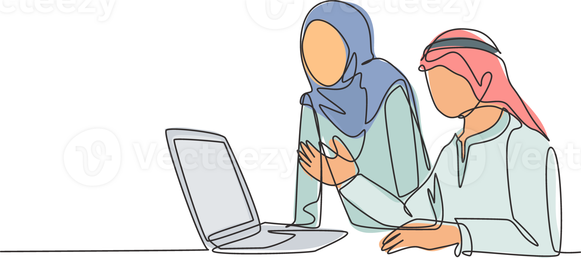 One continuous line drawing of young muslim business couple discussing business proposal to prospective investor. Islamic clothing kandura, scarf, hijab. Single line draw design illustration png