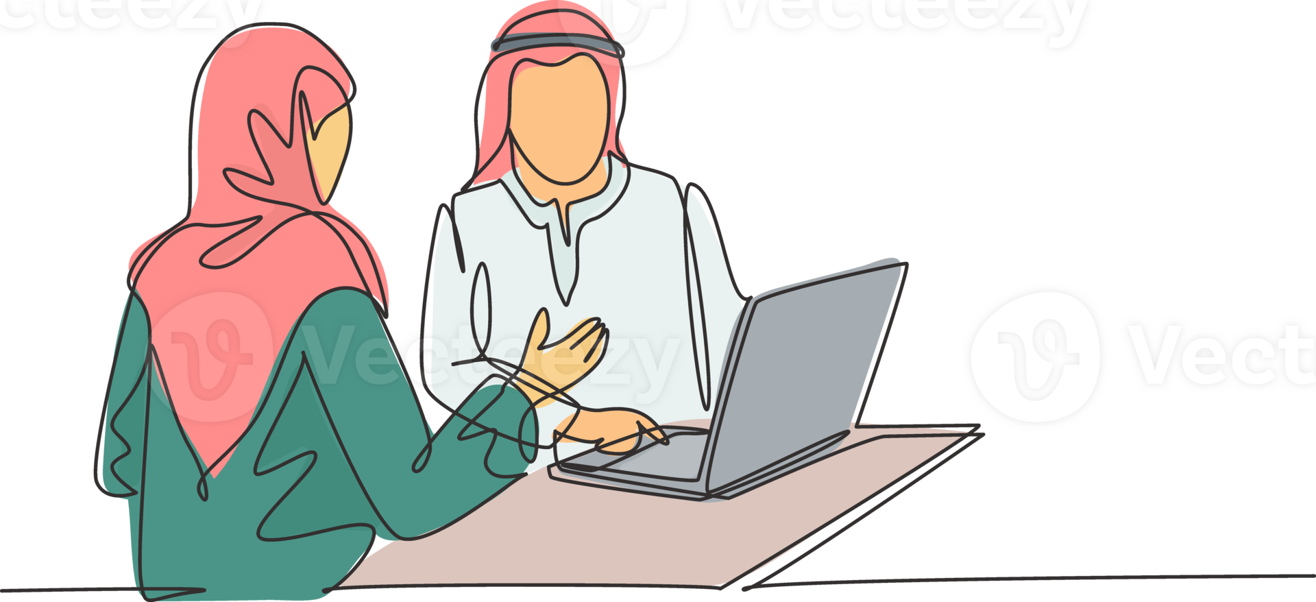 One continuous line drawing of young muslim sales marketer explaining features of new product to customer. Islamic clothing shemag, kandura, scarf, hijab. Single line draw design illustration png
